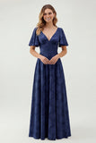 Green Floral A Line Short Sleeve Bridesmaid Dress