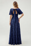 Green Floral A Line Short Sleeve Bridesmaid Dress