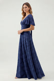 Green Floral A Line Short Sleeve Bridesmaid Dress