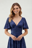 Green Floral A Line Short Sleeve Bridesmaid Dress
