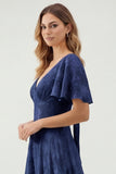 Green Floral A Line Short Sleeve Bridesmaid Dress