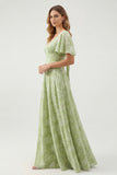 Green Floral A Line Short Sleeve Bridesmaid Dress