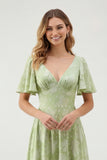 Green Floral A Line Short Sleeve Bridesmaid Dress