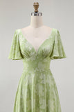 Green Floral A Line Short Sleeve Bridesmaid Dress