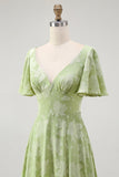 Green Floral A Line Short Sleeve Bridesmaid Dress