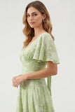 Green Floral A Line Short Sleeve Bridesmaid Dress