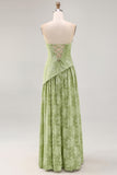 Floral Strapless Printed Sage Green Bridesmaid Dress with Slit