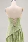Floral Strapless Printed Sage Green Bridesmaid Dress with Slit