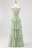 Dusty Sage A Line Corset Tiered Chiffon Long Bridesmaid Dress with Slit