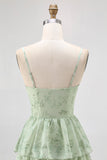 Dusty Sage A Line Corset Tiered Chiffon Long Bridesmaid Dress with Slit