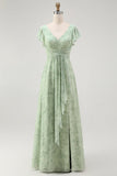 Dusty Sage A Line Short Sleeve Bridesmaid Dress with Slit