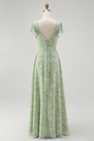Dusty Sage A Line Short Sleeve Bridesmaid Dress with Slit