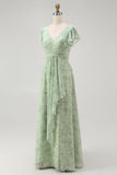 Dusty Sage A Line Short Sleeve Bridesmaid Dress with Slit