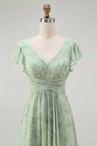 Dusty Sage A Line Short Sleeve Bridesmaid Dress with Slit