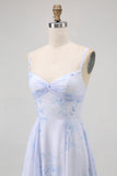 Blue Floral Spaghetti Straps Chiffon A Line Bridesmaid Dress