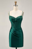 Dark Green Corset Bodycon Sequins Satin Cocktail Dress