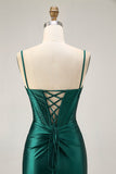 Dark Green Corset Bodycon Sequins Satin Cocktail Dress