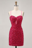 Sparkly Sequins Fuchsia Spaghetti Straps Short Tight Cocktail Dress