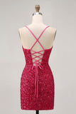 Sparkly Sequins Fuchsia Spaghetti Straps Short Tight Cocktail Dress