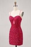 Sparkly Sequins Fuchsia Spaghetti Straps Short Tight Cocktail Dress