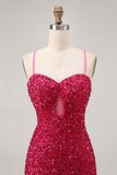 Sparkly Sequins Fuchsia Spaghetti Straps Short Tight Cocktail Dress