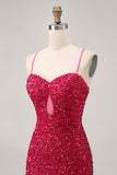 Sparkly Sequins Fuchsia Spaghetti Straps Short Tight Cocktail Dress