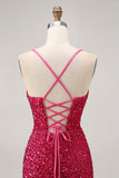 Sparkly Sequins Fuchsia Spaghetti Straps Short Tight Cocktail Dress