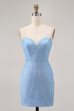 Blue Bodycon Strapless Beaded Cocktail Dress