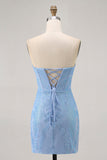Blue Bodycon Strapless Beaded Cocktail Dress