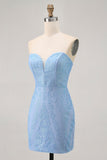 Blue Bodycon Strapless Beaded Cocktail Dress