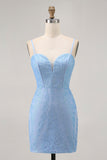 Blue Bodycon Strapless Beaded Cocktail Dress