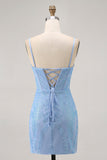 Blue Bodycon Strapless Beaded Cocktail Dress