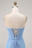 Blue Bodycon Strapless Beaded Cocktail Dress