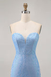 Blue Bodycon Strapless Beaded Cocktail Dress