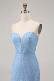 Blue Bodycon Strapless Beaded Cocktail Dress