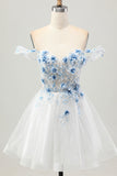 White Blue Flower A-Line Off the Shoulder Corset Short Prom Dress