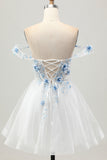 White Blue Flower A-Line Off the Shoulder Corset Short Prom Dress