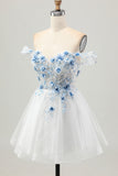 White Blue Flower A-Line Off the Shoulder Corset Short Prom Dress