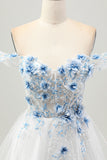 White Blue Flower A-Line Off the Shoulder Corset Short Prom Dress