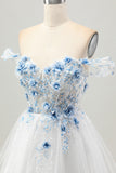 White Blue Flower A-Line Off the Shoulder Corset Short Prom Dress