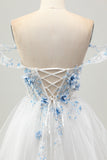 White Blue Flower A-Line Off the Shoulder Corset Short Prom Dress