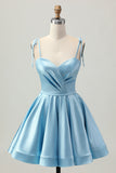 Blue Satin A Line Short Spaghetti Straps Cocktail Dress