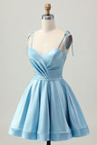 Blue Satin A Line Short Spaghetti Straps Cocktail Dress