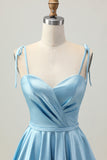 Blue Satin A Line Short Spaghetti Straps Cocktail Dress
