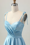 Blue Satin A Line Short Spaghetti Straps Cocktail Dress