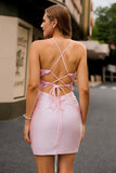 Candy Pink Flower Spaghetti Straps Corset Bodycon Short Prom Dress