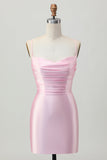 Blush Pink Bodycon Spaghetti Straps Cocktail Dress with Lace Up Back