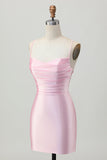 Blush Pink Bodycon Spaghetti Straps Cocktail Dress with Lace Up Back
