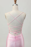 Blush Pink Bodycon Spaghetti Straps Cocktail Dress with Lace Up Back
