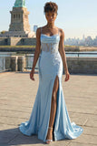Grey Blue Mermaid Beaded Appliqued Corset Long Prom Dress with Slit